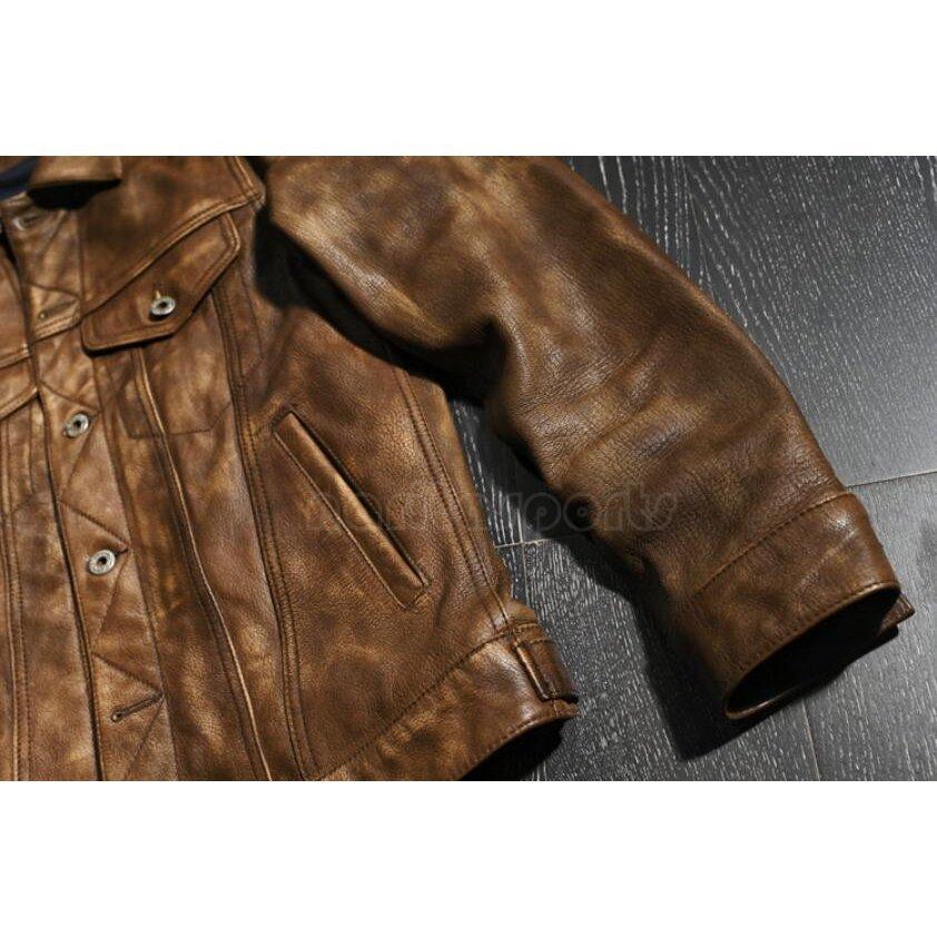 味はやや重めのレトロ こすり古い ヤギレザーデニムジャケット 本革