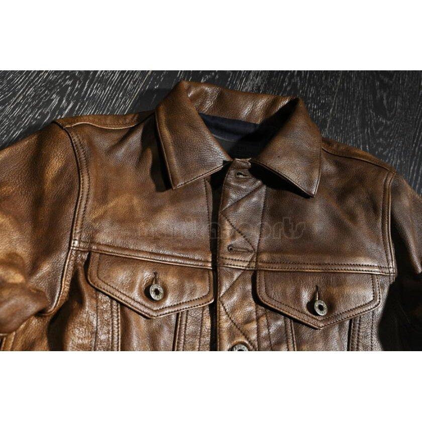 味はやや重めのレトロ こすり古い ヤギレザーデニムジャケット 本革