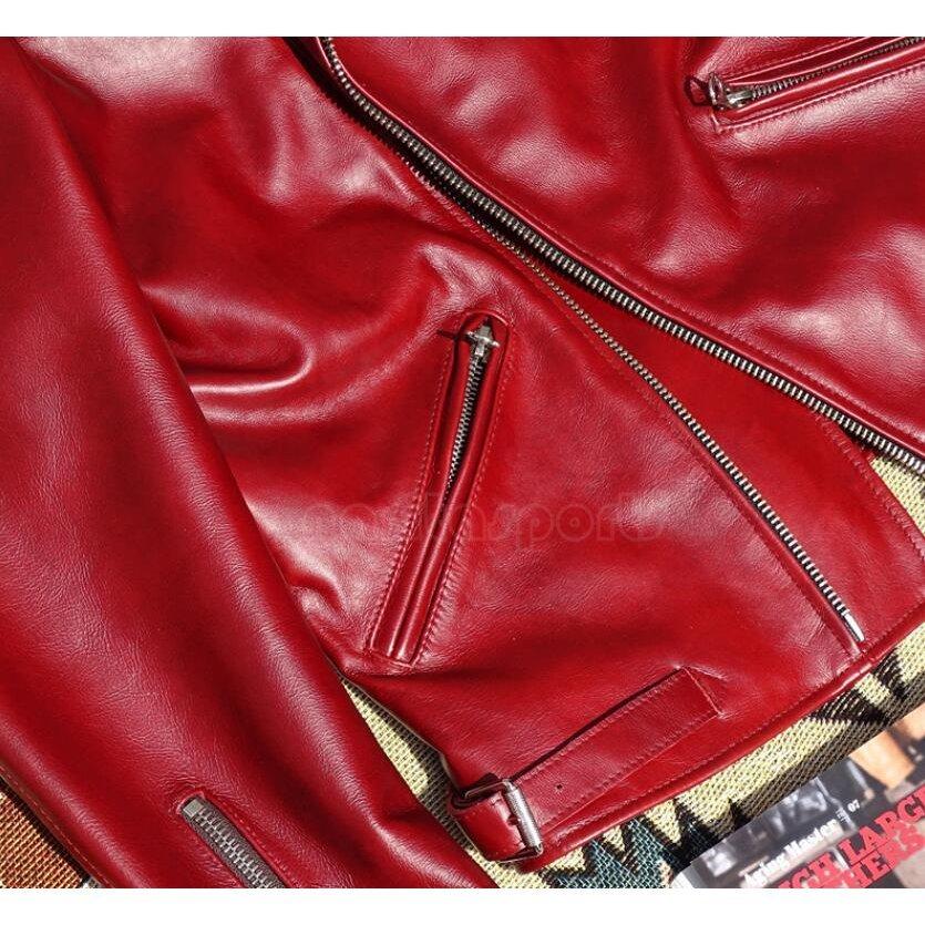 イタリア製レザージャケット 黒×赤 オイルワックス牛革！黒見える鮮やかな赤 斜めジッパー バイク