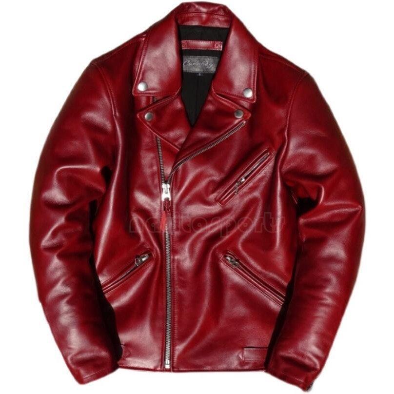 オイルワックス牛革！黒見える鮮やかな赤 斜めジッパー バイク