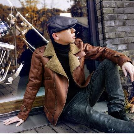 冬　ヨーロッパ風　バイクジャケット　革ジャケット　男性　厚　鹿革　ウール毛皮一体　レザージャケット　青年革ジャン ワッペン レザージャケット 本革コート