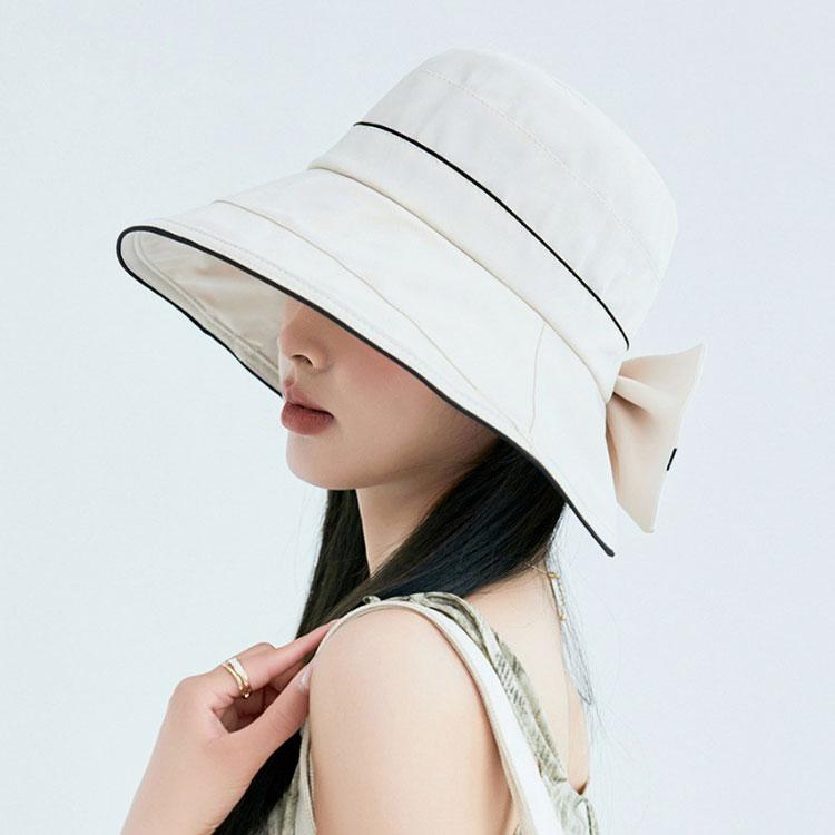 帽子 レディース リボン 配色 UVカット つば広帽子 折りたたみ 紐付き