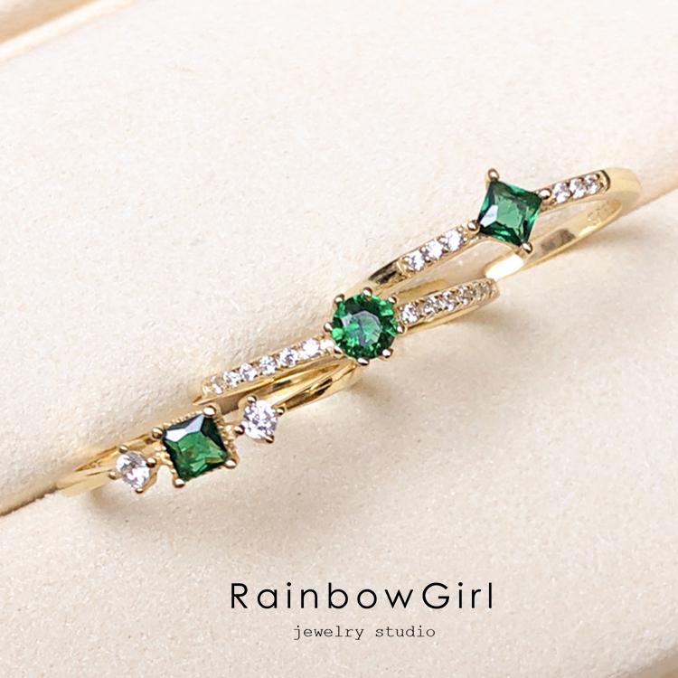 RainbowGirl 指輪 レディース リング 可愛い 緑石 エメラルドカラー