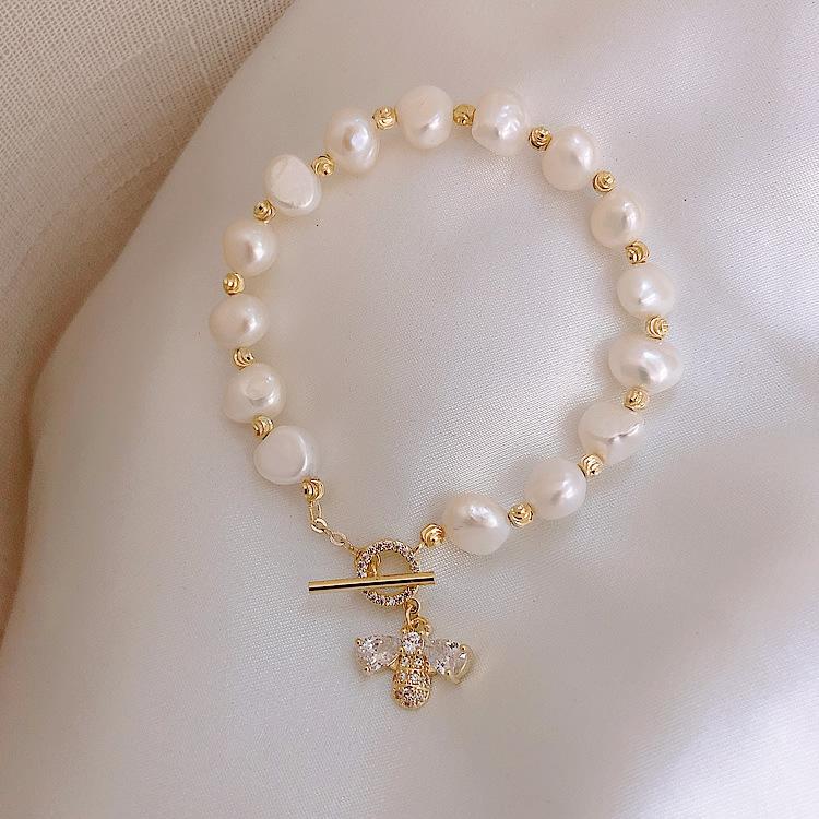 ブレスレット レディース 天然パール 18k 蜂 CZダイヤ シンプル