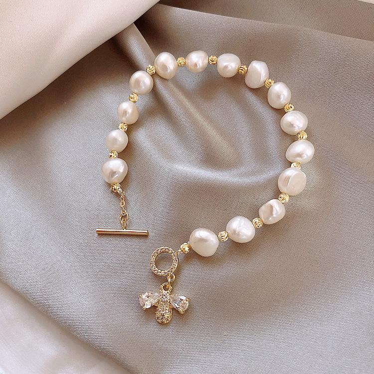 ブレスレット レディース 天然パール 18k 蜂 CZダイヤ シンプル 