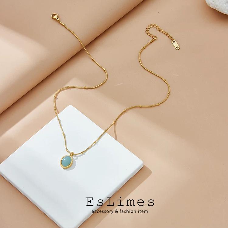 ネックレス レディース ブルー石 しずく プレート ボールチェーン