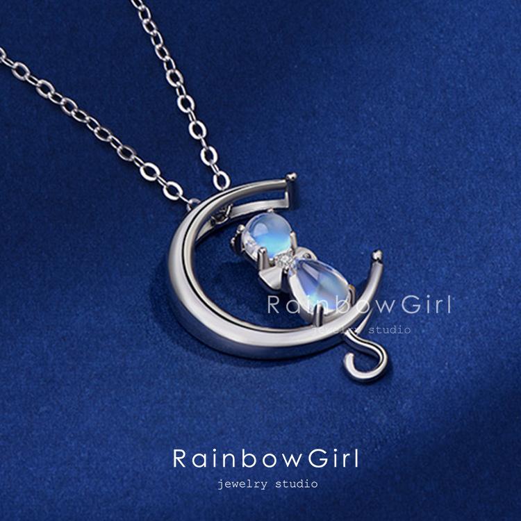RainbowGirl ネックレス レディース 猫 ねこ 月 可愛い ムーンストーン 