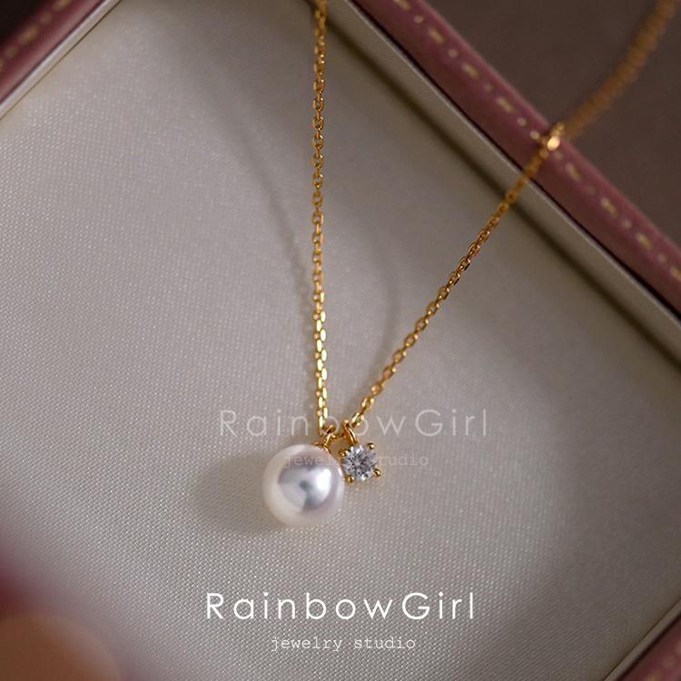 RainbowGirl ネックレス レディース 一粒パール CZダイヤ 定番