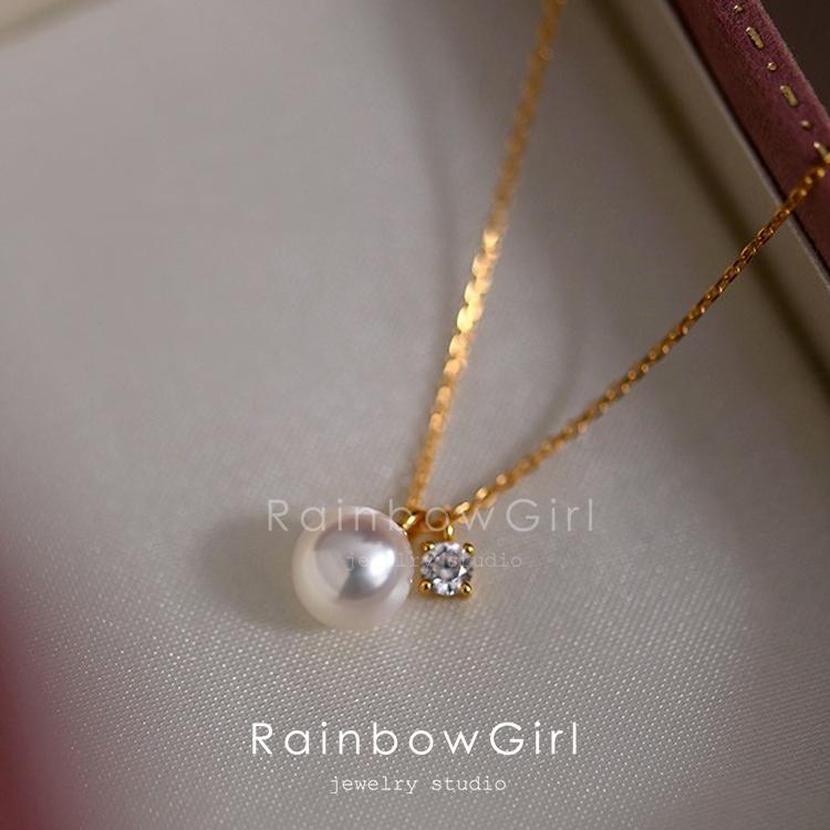 RainbowGirl ネックレス レディース 一粒パール CZダイヤ 定番 