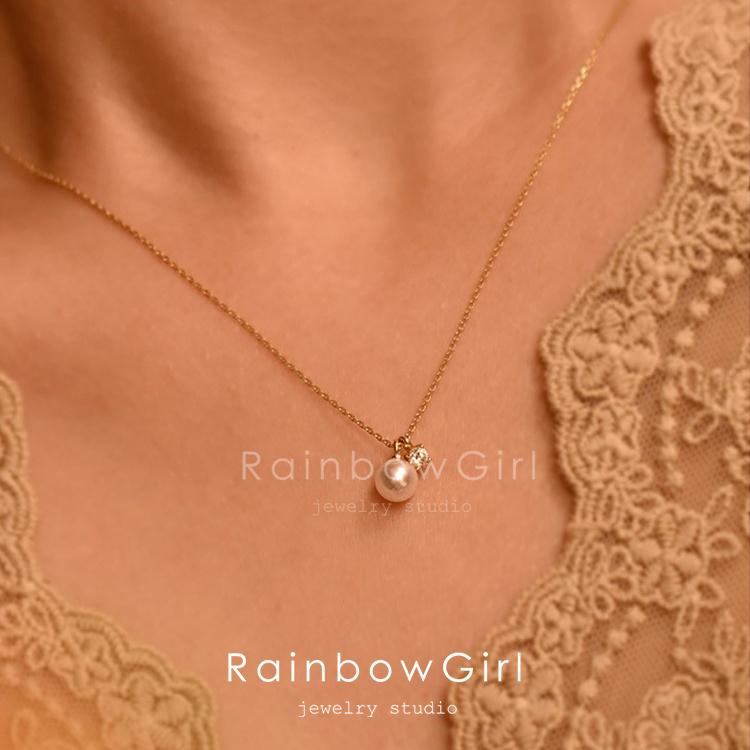 RainbowGirl ネックレス レディース 一粒パール CZダイヤ 定番