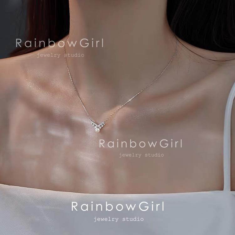 RainbowGirl ネックレス レディース パール V字 CZダイヤ シルバー