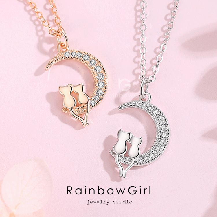 RainbowGirl ネックレス レディース 猫ペンダント 月 猫 2匹 ラブ