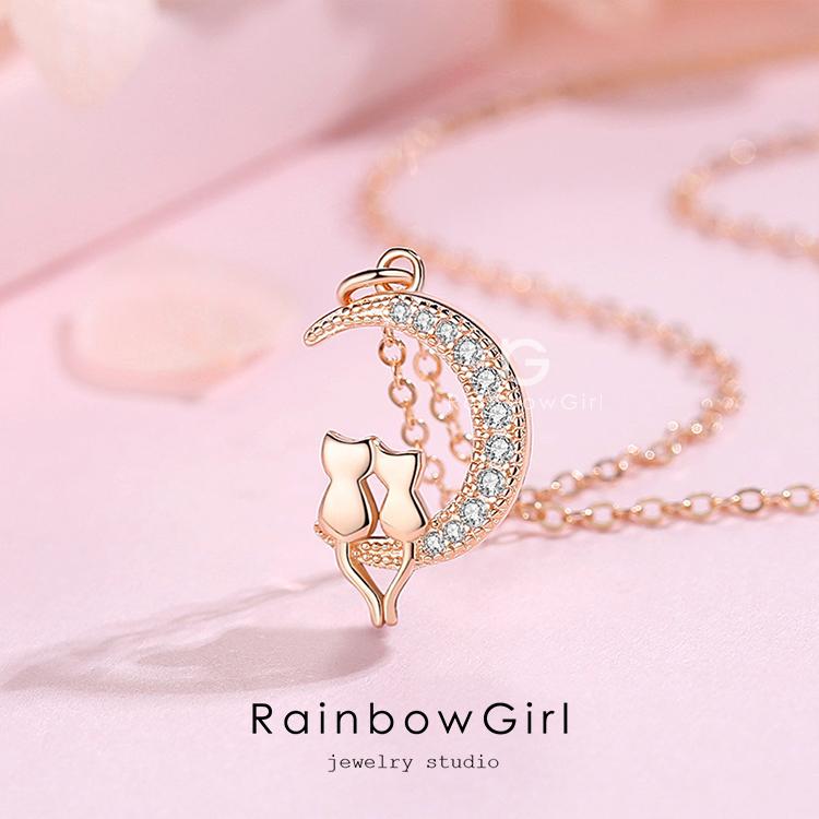 RainbowGirl ネックレス レディース 猫ペンダント 月 猫 2匹 ラブ