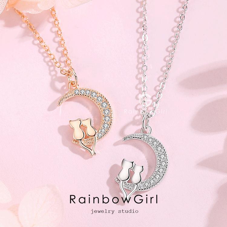 RainbowGirl ネックレス レディース 猫ペンダント 月 猫 2匹 ラブ