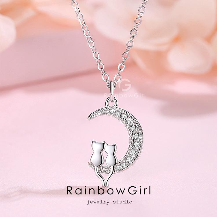 RainbowGirl ネックレス レディース 猫ペンダント 月 猫 2匹 ラブ