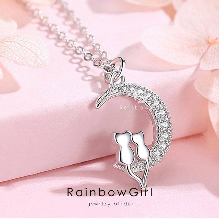 RainbowGirl ネックレス レディース 猫ペンダント 月 猫 2匹 ラブ