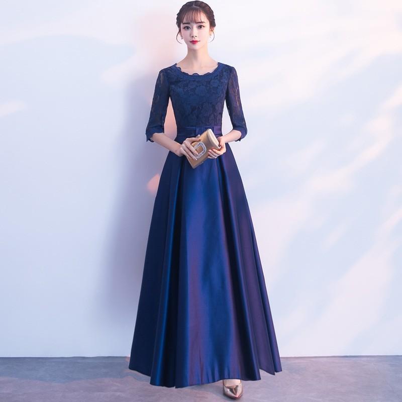 パーティードレス ワンピースドレス ロング 結婚式 二次会 袖あり マキシ丈 レース フレア ネイビー Ida 2 リラークショップ 通販 Yahoo ショッピング