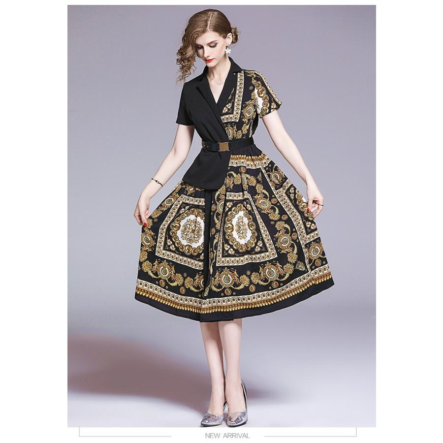 パーティドレス スカーフ柄 ワンピース フレアスカート 半袖 結婚式 披露宴 大人 エレガント 個性的 二次会 上品 お呼ばれ オープンカラー Lemo リラークショップ 通販 Yahoo ショッピング