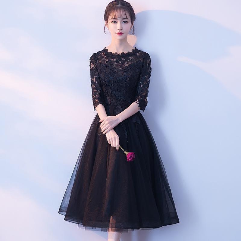 パーティードレス 七分袖 ミモレ丈 黒レース ワンピース 結婚式 披露宴 コンサート カラードレス フィッシュテール ミドル Lemo リラークショップ 通販 Yahoo ショッピング