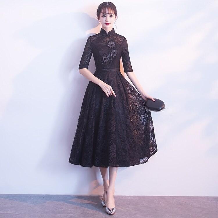ドレス ワンピース チャイナ風ドレス パーティードレス 七分袖 結婚式 二次会 女子会 総レース シック Aライン ミモレ丈 披露宴 安い Poji リラークショップ 通販 Yahoo ショッピング