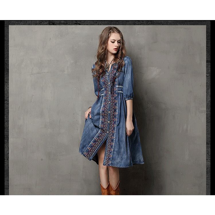 デニムワンピ 五分袖 秋服 秋コーデ ボヘミアン エスニック シャツワンピース おしゃれ 膝丈 Wata リラークショップ 通販 Yahoo ショッピング
