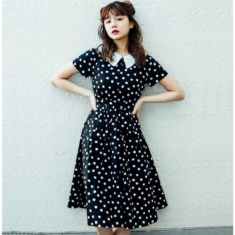ワンピース 安い 可愛い ドット 襟付き 水玉 膝丈 ミモレ丈 おしゃれ ハイウエスト 半袖 Yasu リラークショップ 通販 Yahoo ショッピング
