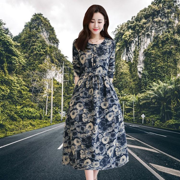 ワンピース 長袖 柄物 柄 レディース ミモレ丈 ロング丈 ロングワンピース お洒落 お呼ばれ 花柄 ハイウエスト 春 秋 Yasu0403 リラークショップ 通販 Yahoo ショッピング