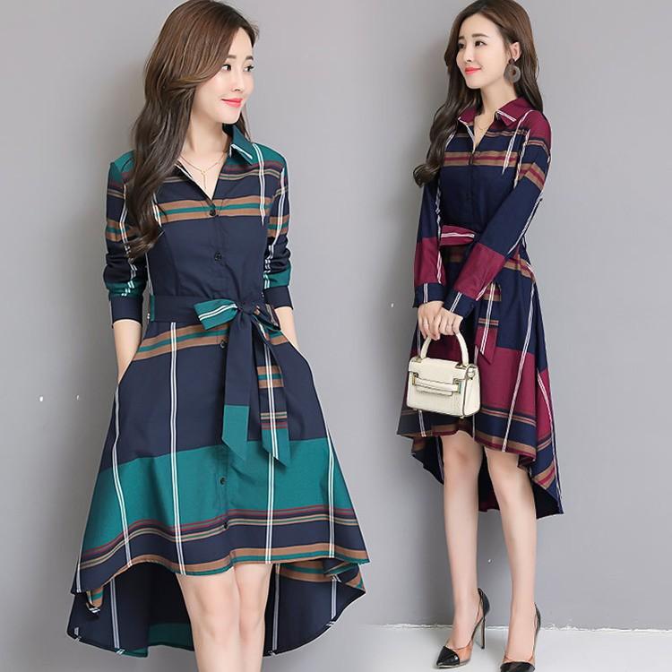 春 秋 ワンピース 安い 可愛い 長袖 チェック柄 不規則 シャツワンピース 綺麗め Ol 通勤 オフィス 大人 ミドル丈 膝丈 Aライン フレア Yasu0535 リラークショップ 通販 Yahoo ショッピング
