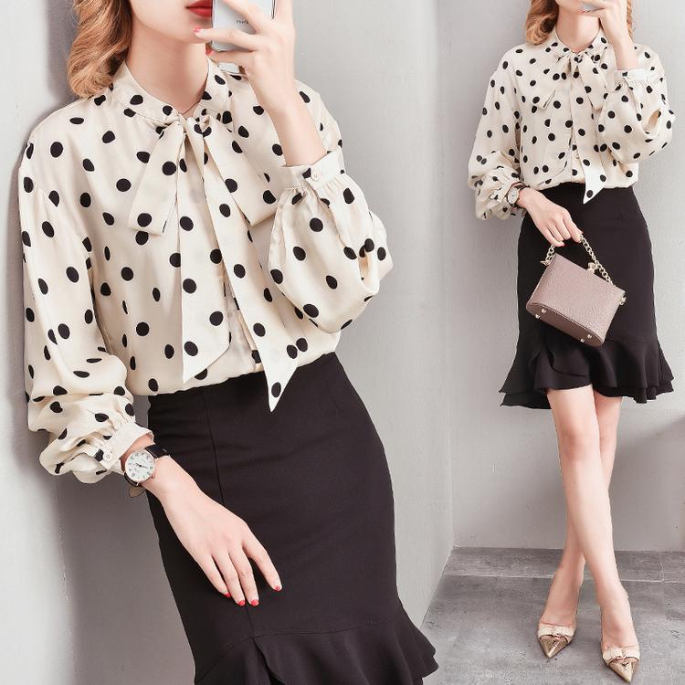 ブラウス シャツ シフォン レディース 長袖 ドット 水玉 安い 可愛い 大人可愛い 夏 キレイめ おしゃれ Ol 通勤 リボンタイ ビジネス Yasu リラークショップ 通販 Yahoo ショッピング