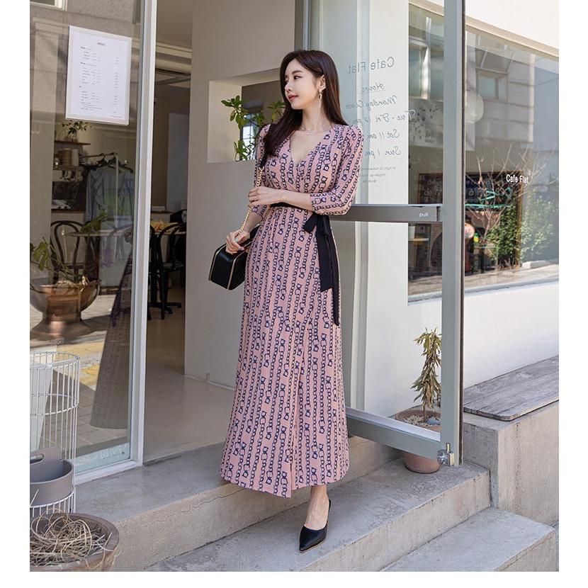 ワンピース 安い 可愛い 夏 春 長袖 ロング丈 ロングワンピース 柄物 フレアスカート ハイウエスト 綺麗め 大人可愛い Vネック Yasu リラークショップ 通販 Yahoo ショッピング