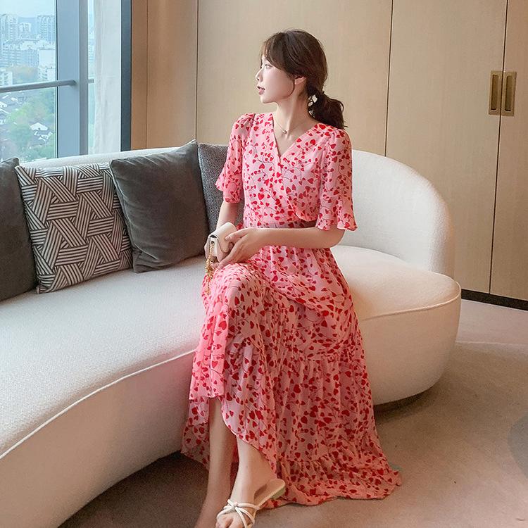 レディース ワンピース 安い 可愛い 5分袖 半袖 夏 ハート プリント ロング丈 ロングワンピース お洒落 大人可愛い フェミニン Aライン Yasu リラークショップ 通販 Yahoo ショッピング