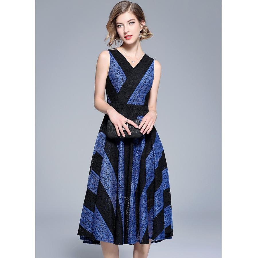 パーティードレス ミモレ丈 ワンピース バイカラー Vネック ノースリーブ 結婚式 二次会 披露宴 レース Aライン 安い Yoko リラークショップ 通販 Yahoo ショッピング