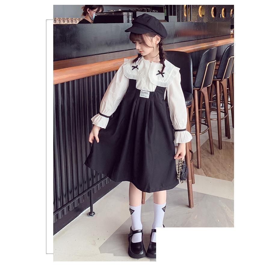 キッズ 女の子 長袖ワンピース ワンピース 子供服 キャミワンピース＆長袖シャツセット 長袖 韓国子供服 発表会 キッズ 女の子 黒 ブラウン 春 秋の画像