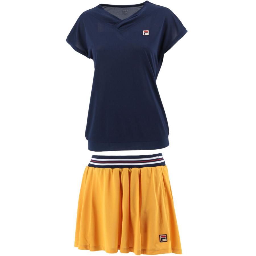 美品＊FILAフィラ＊秋色マスタードロゴトップスとタフタスコート上下セットアップ セール】【FILA/フィラ】ワンポイント ブランド ロゴ 刺繍 ライン入り