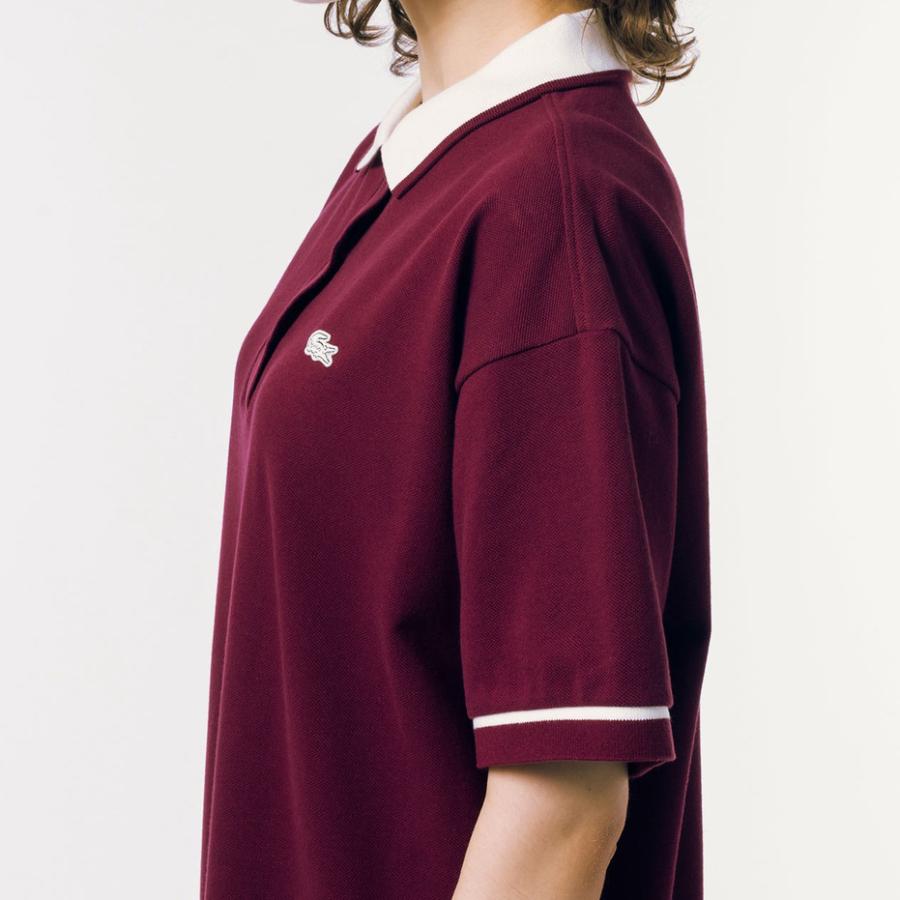 美品　ラコステ　ポロドレス　ポロワンピース　L ポロシャツ　ウエストリボン　赤 LACOSTE（ラコステ） リラックスシルエットクレリックポロドレス