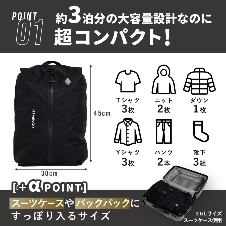 コンプレッションバッグ 45×30cm 圧縮袋 簡単30秒 圧縮 約60%スペース節約 高密閉 高耐久 透けない 防水 ファスナー 掃除機不要 電動ポンプ対応 3泊 旅行 出張 | COMPASS+ | 03