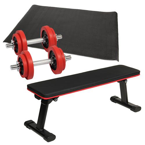 リーディングエッジ(LEADINGEDGE) ダンベルトレーニング 4点セットC レッド 10kg 折りたたみフラットベンチ ラバーダンベル 10kg 2個セット 保護マット 大きな取引