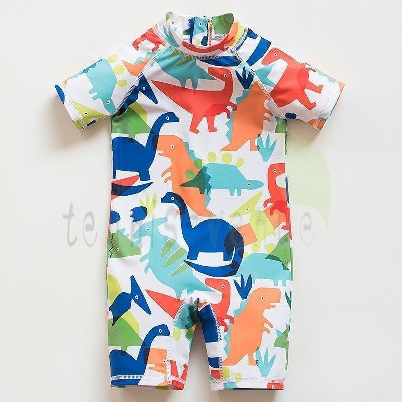 買得 水着 心躍る水着 男の子 Akx31 楽しい オレンジナチュラル ブルー ホワイト ポップ ダイナソー Uvカット 水着 子供 恐竜 帽子付き セット ラッシュガード ファッション水着