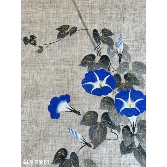手描き麻暖簾【朝顔】手染 のれん 巾85×151cm 一点物 古布