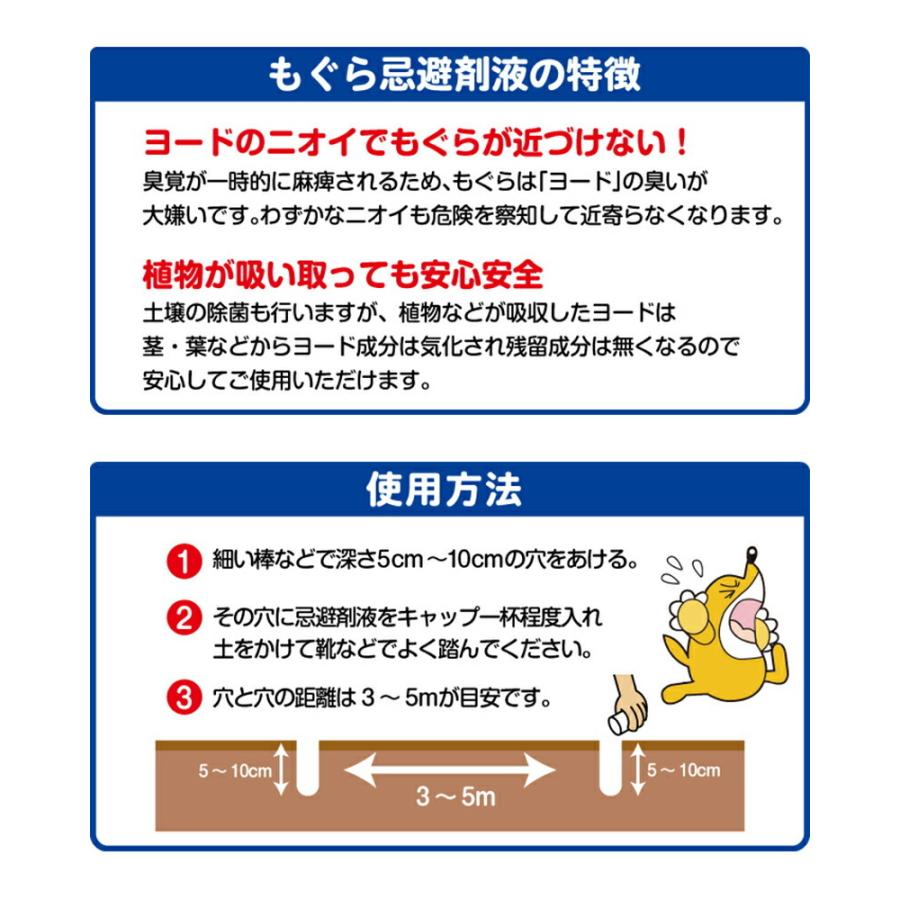 もぐら忌避剤液 250ml 日本製 モグラ除け もぐら対策 害獣対策 ヨードのチカラ もぐらの嫌うヨウ素で寄せ付けない 持続期間約6ヶ月 モグラ もぐら 退治 駆除｜este｜04