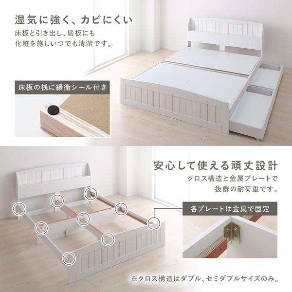 ベッド ダブル ベッドフレームのみ ホワイト 引き出し 収納付 棚付 宮