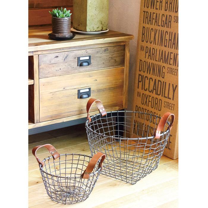 バスケット ワイヤーバスケット 直径23 高13 cm 皮手丸小型 おしゃれ