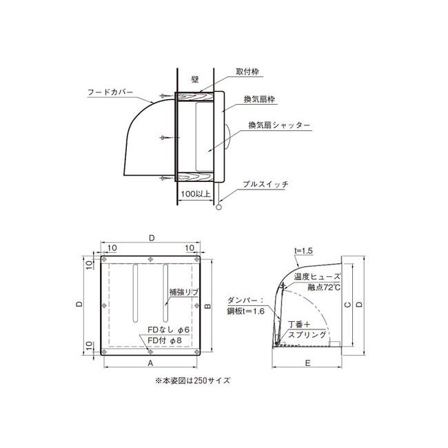 換気扇 カバー 換気口 ステンレス製 フードカバー ST300 横350&times;高さ350&times;奥行250mm 1台単位 SUS304 2B 換気扇25cm用 フードカバー用ゴムパッキン