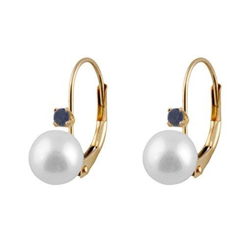 Handpicked AAA+ 7-7.5mm White Round Freshwater Cultured Pearls in 14K Yellow Gold Lever-back Huggie Ball Earrings with Sapphire Accents 並