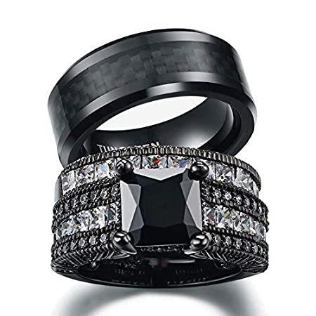 【在庫あり】 スクエアキュービックジルコニア ブラックゴールド 男女用 ブライダルセット カップルリング メンズ 結婚指輪セット並行輸入品 タングステンカーバイドバンド 指輪