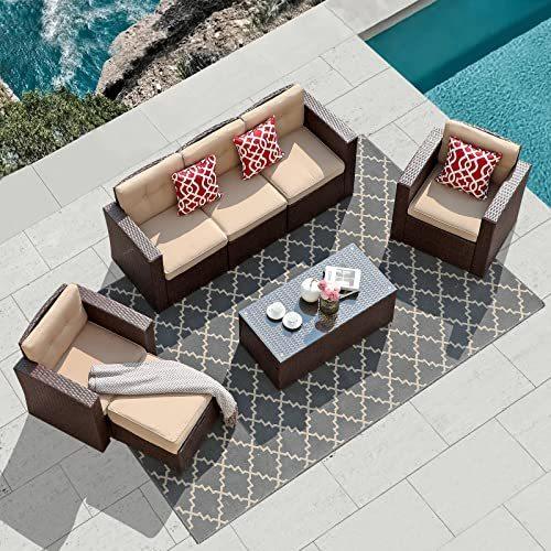 Super Patio 7 Piece Patio Furniture Set, Patio Conversation Sets, All-Weather PE Wicker Outdoor Sectional Sofa with Ottoman, Tempered Glass