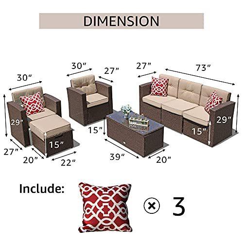 Super Patio 7 Piece Patio Furniture Set, Patio Conversation Sets, All-Weather PE Wicker Outdoor Sectional Sofa with Ottoman, Tempered Glass｜estore2y｜07