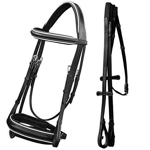 ExionPro Comfort Lined White Piping Mono Crownpiece Raised Browband amp; Broad Detachable Flash Crank Noseband Dressage Horse Bridle with Web R