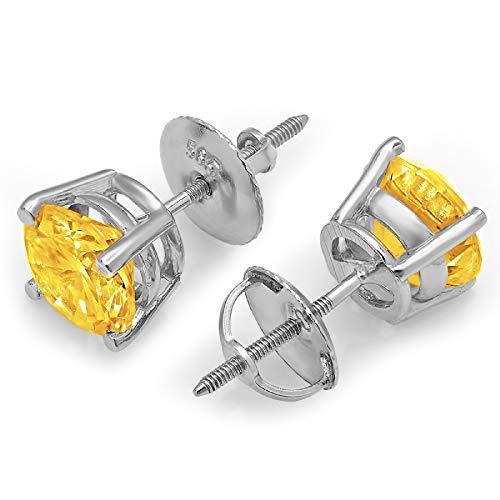 2.0 ct Round Cut Solitaire Natural Yellow Citrine VVS1 Birthstone Gemstone Classic Designer Stud Earrings Solid 14k White Gold Screw Back ピアス 交換無料！