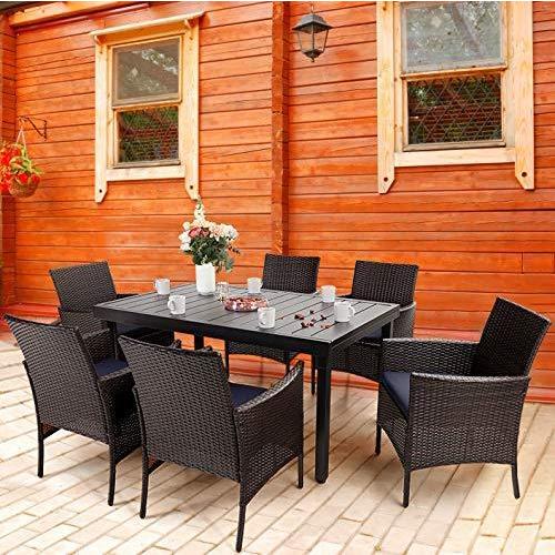 PHI VILLA 7 Piece Outdoor Dining Table Sets, Expandable Rectangular Metal Dining Table & 6 Rattan Chairs for Patio, Deck, Balcony 並行輸｜estore2y｜07